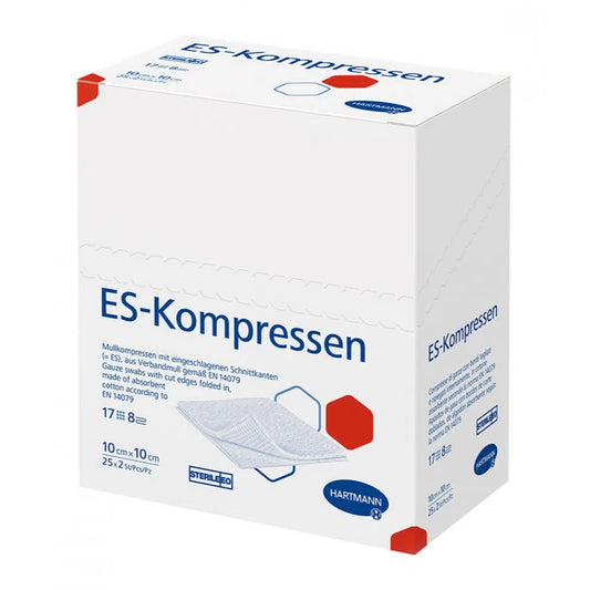 Eine Packung Hartmann ES-Kompressen 17-fädig, 12-fach, steril der Paul Hartmann AG, ein Medizinprodukt, mit Details zu sterilen, gefalteten Mullkompressen mit den Maßen 10 cm x 10 cm, in einer Schachtel mit 25 Stück