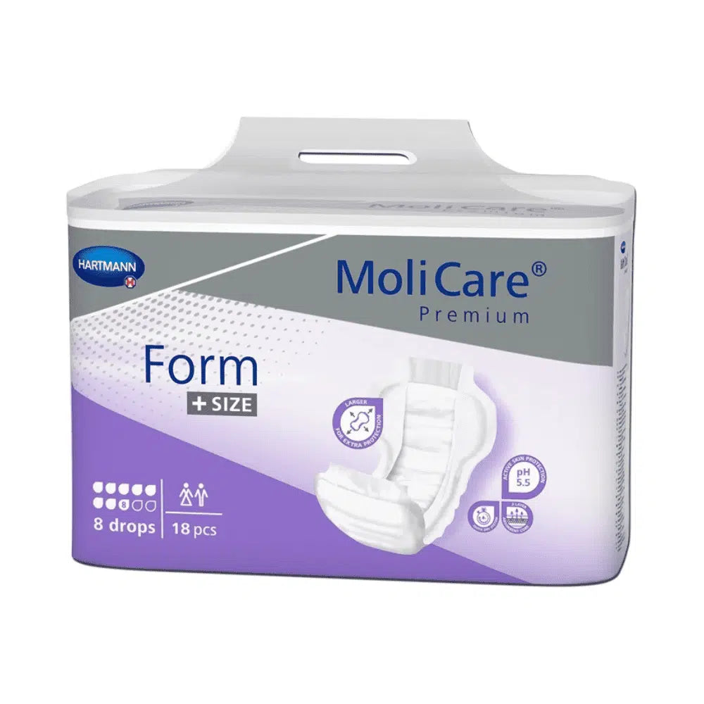 Eine Packung Hartmann MoliCare® Premium Form +SIZE Vorlage, 8 Tropfen - 20 Stück (168167 Alternative) | Packung (20 Stück) Inkontinenzvorlagen (Inkontinenzvorlage) mit hoher Saugkraft. Die Verpackung ist weiß und violett mit den Angaben „Form + Größe“ und „8 Tropfen“ und enthält 20 Stück. Ideal für Übergewichtige, oben links ist der Markenname „Paul Hartmann AG“ angebracht.