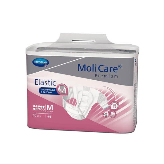 Eine Packung Hartmann MoliCare® Premium Elastic Windeln für Erwachsene mittlerer Größe, 30 Stück, mit Tragekomfort und benutzerfreundlichen Funktionen. Die Verpackung ist weiß und rosa und mit einem Produktbild versehen.