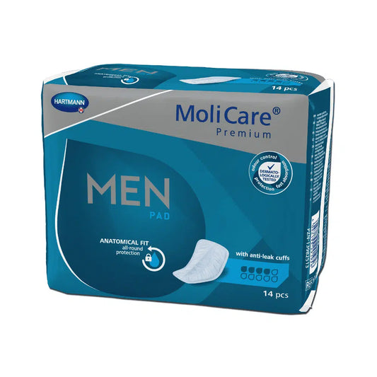 Eine Packung Hartmann MoliCare® Premium MEN PAD Einlage - 14 Stück, enthält 14 Stück. Die Box ist blau und weiß und betont den anatomischen Passformschutz mit für Blasenschw. optimierten Anti-Auslauf-Bündchen.