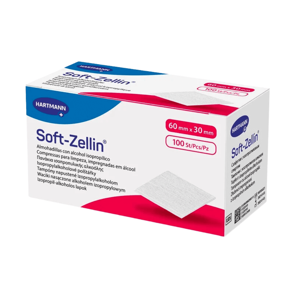 Eine weiße rechteckige Schachtel mit der Aufschrift „Hartmann Soft-Zellin Alkoholtupfer – 100 Stück | Packung (100 Stück)“ enthält 100 Alkoholtupfer mit den Maßen 60 mm x 30 mm, ideal für die Hautreinigung vor Injektionen. Die Schachtel zeigt das Logo der Paul Hartmann AG und ein Bild eines der Alkoholtupfer. Der Text auf der Schachtel ist mehrsprachig.