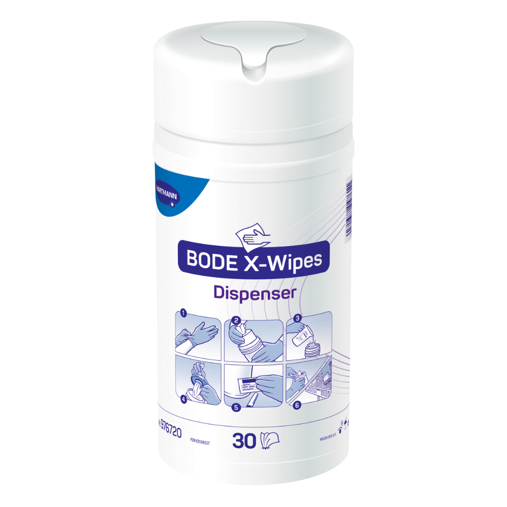 Produktbild eines Hartmann BODE X-Wipes Desinfektionsspenders mit 30 Tüchern, mit Symbolen, die verschiedene Verwendungsmöglichkeiten und Bereiche wie Gesundheitswesen und Oberflächen veranschaulichen, auf einem weiß-violetten Etikett von Paul Hartmann AG.