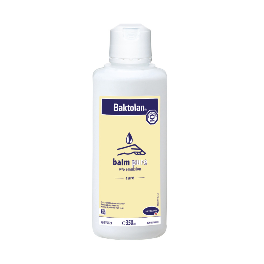 Abgebildet ist eine 350-ml-Flasche Paul Hartmann AG Hartmann Baktolan® Lotion Hautpflegebalm | Flasche (350 ml). Die weiße Flasche hat ein gelbes Etikett mit dem Produktnamen und einer Handgrafik. Dieser feuchtigkeitsspendende Hautpflegebalm ist für die Hautpflege konzipiert und verfügt über einen weißen Klappdeckel.