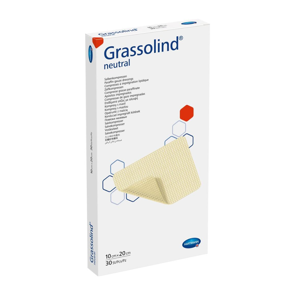 Eine Schachtel Hartmann Grassolind® Salbenkompresse, verschiedene Größen, eine medizinische Wundauflage, mit wichtigen Produktinformationen und einer Abbildung der Salbenkompresse auf der Vorderseite. Die Verpackung ist überwiegend in Weiß gehalten.