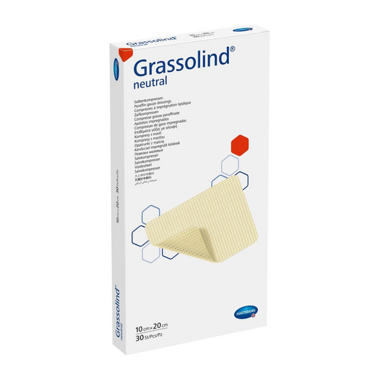 Eine Schachtel Hartmann Grassolind® Salbenkompresse, verschiedene Größen, eine medizinische Wundauflage, mit wichtigen Produktinformationen und einer Abbildung der Salbenkompresse auf der Vorderseite. Die Verpackung ist überwiegend in Weiß gehalten.