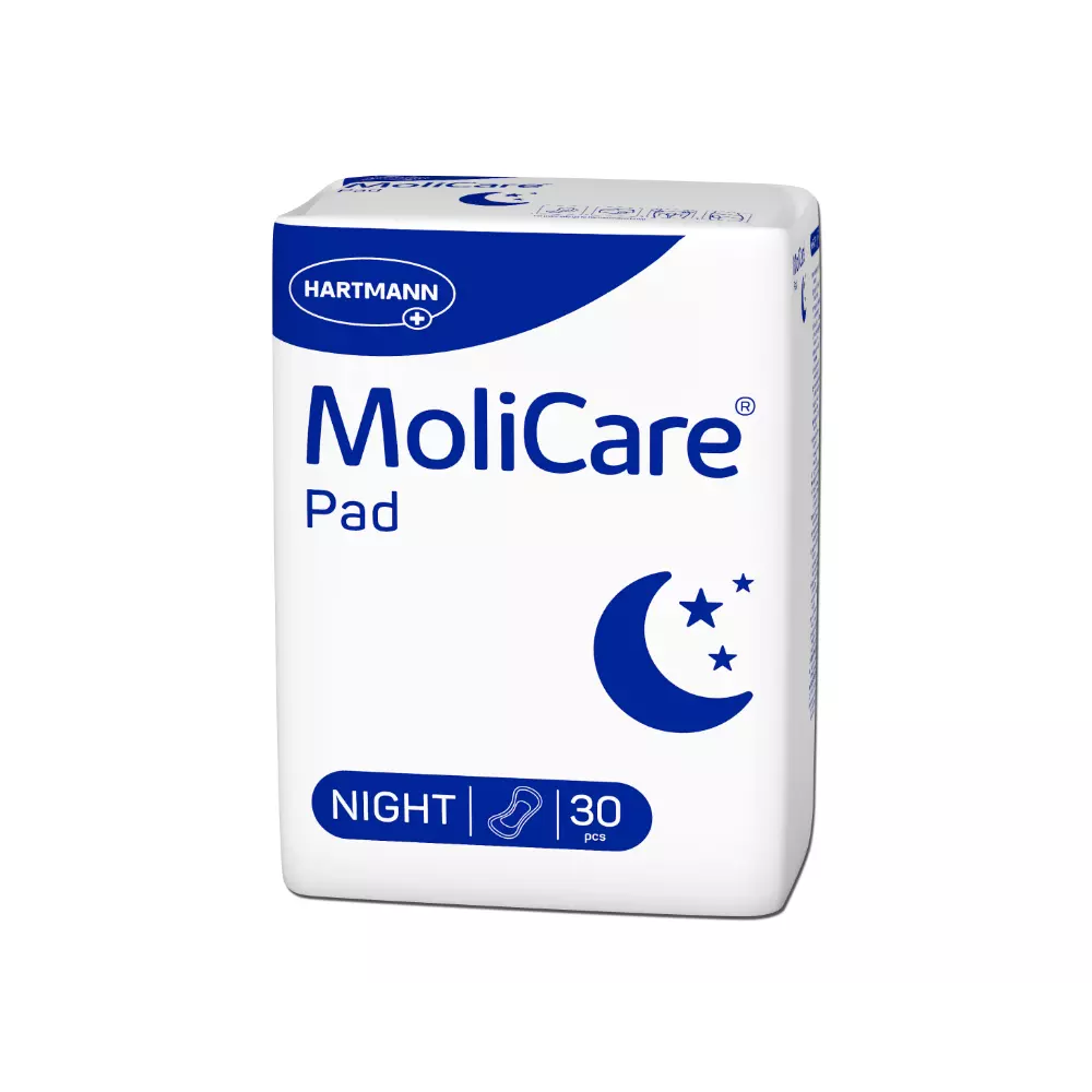 Eine Packung Hartmann MoliCare Pad Night Inkontinenzeinlagen | Packung (30 Stück), speziell für leichte Blasenschwäche. Die weiße Packung mit blauem Text zeigt ein Mond- und Sterne-Symbol und ist daher ideal für die nächtliche Anwendung. Sie enthält 30 Stück Produkte von Paul Hartmann AG.