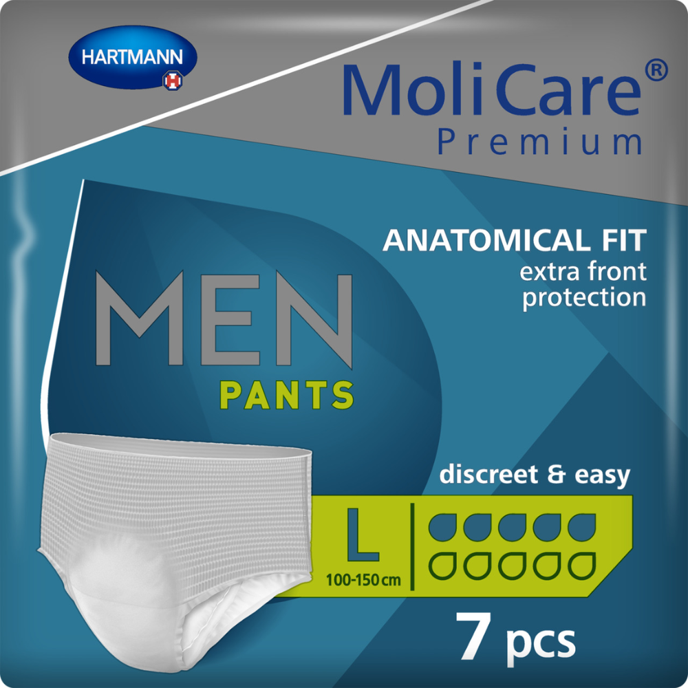 Verpackung von MoliCare Premium Men Pants 5 Tropfen von Paul Hartmann AG, konzipiert für leichte Blasenschwäche, in der Größe Large mit 7 Stück, mit Fokus auf zusätzlichem Frontschutz und diskreter, einfacher Passform. Die Verpackung zeigt ein Produktbild und hebt die anatomische Passform hervor.