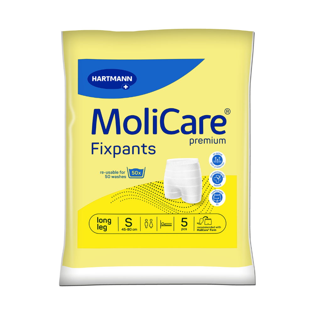 Eine Packung Hartmann MoliCare® Fixpants, Netzhose - 5 Stück der Paul Hartmann AG in der Größe Small (45-80 cm). Die gelb-weiße Verpackung weist die Aufschrift „langes Bein“, „50 Waschvorgänge wiederverwendbar“, „5 Stück“ auf und ist ideal für die Verwendung mit Inkontinenzeinlagen. Auf der Vorderseite sind verschiedene Symbole und ausführliche Informationen abgebildet.