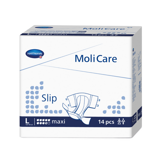 Eine Schachtel Hartmann MoliCare® Slip maxi 9 Tropfen Erwachsenenwindeln der Paul Hartmann AG in der Größe L, Inhalt 14 Stück, überwiegend weiße und blaue Verpackung mit Produktgrafiken und Text.