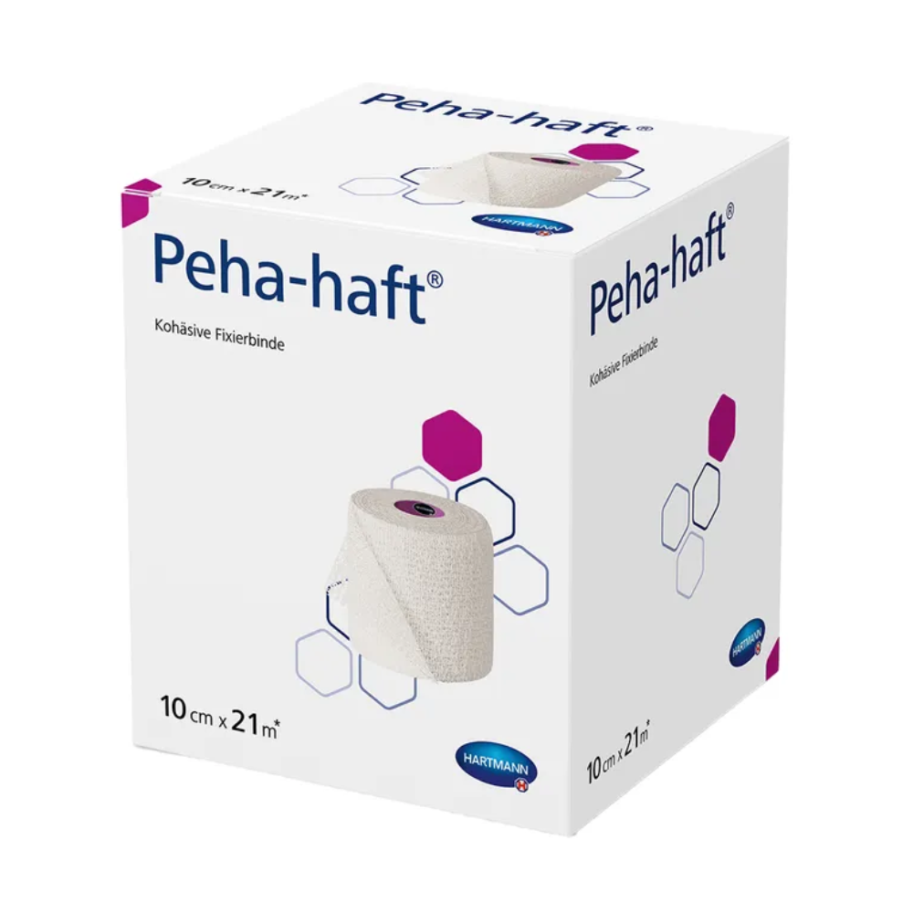 Eine Schachtel kohäsive Binden der Marke Hartmann Peha-haft® latexfrei Fixierbinde - 1 Stück der Firma Paul Hartmann AG mit Produkt- und Größenangaben (10 cm x 21 m) auf weißem Hintergrund mit blauem