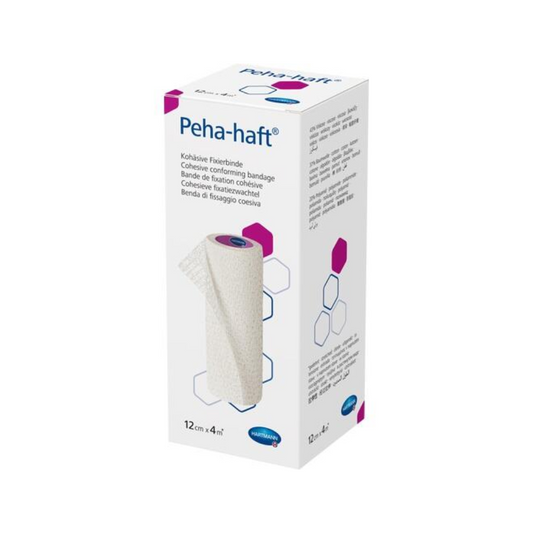 Eine Schachtel Hartmann Peha-haft® latexfrei Fixierbinde - 1 Stück von Paul Hartmann AG, abgebildet mit dem Produkt mit einer Länge von 4 Zoll mal 10 cm. Die Verpackung enthält grafische Darstellungen der Binde.