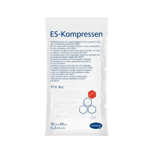 Eine Packung Paul Hartmann AG Hartmann ES-Kompressen, 8-fach, steril - 5 x 2 Stück für die Wundversorgung, Maße 10 cm x 20 cm. Die Verpackung ist weiß mit blauem und rotem Text und einem transparenten Fenster, das den Inhalt zeigt. Enthält 8 Mullkompressen, 17-fädig, hohe Saugfähigkeit und geringe Flusenbildung.