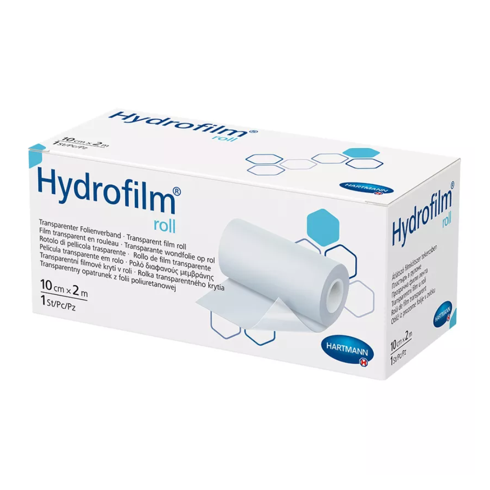 Ein Bild einer Produktverpackung von Hartmann, Hartmann Hydrofilm® roll transparenter Folienverband von Paul Hartmann AG. Die Verpackung enthält Beschreibungen in verschiedenen Sprachen und zeigt ein Bild der Folienrolle.