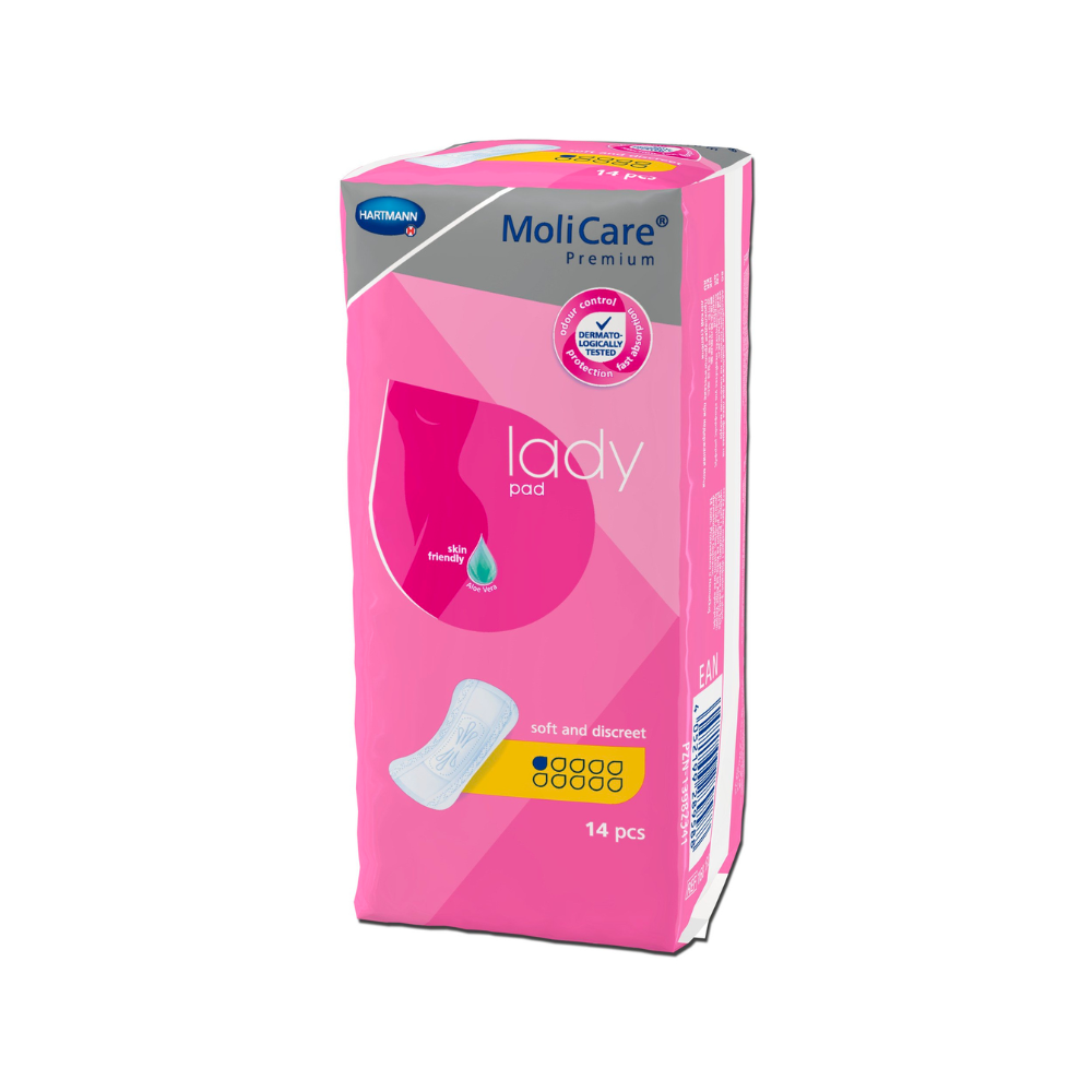 Eine rosa Packung Hartmann MoliCare® Premium lady pad Einlagen für leichte Blasenschwäche. Auf der Vorderseite sind der Markenname Paul Hartmann AG, der Produkttyp, ein Tropfenbild und eine Illustration zu sehen, die die weiche und diskrete Natur der Einlagen hervorhebt. Die Packung enthält 14 Stück.