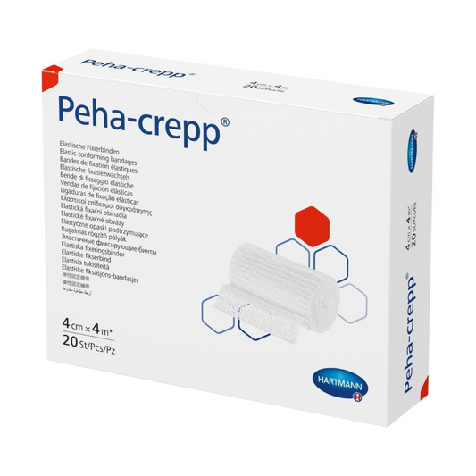 Schachtel mit Hartmann Peha-crepp® superelastischen Fixierbinden - 20 Stück der Paul Hartmann AG mit Produktdetails und Bild der Binde. Der Text auf der Verpackung ist mehrsprachig.