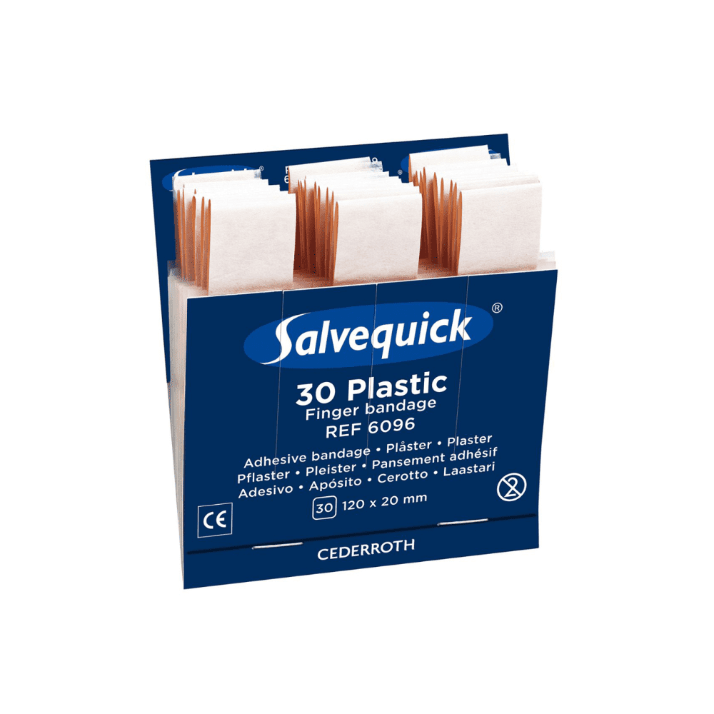 Eine Schachtel Holthaus Medical Salvequick® Nachfülleinsatz Fingerverband Plastic von Holthaus Medical GmbH & Co. KG, beschriftet mit 30 Stück Kunststoff-Fingerverband (REF 6096), kommt in einer blauen Verpackung mit einzeln verpacktem Fingerverband. Das Etikett gibt mehrsprachige Informationen und gibt die Maße von 120 x 20 mm an, wodurch es sich ideal für jeden Pflasterspender eignet.