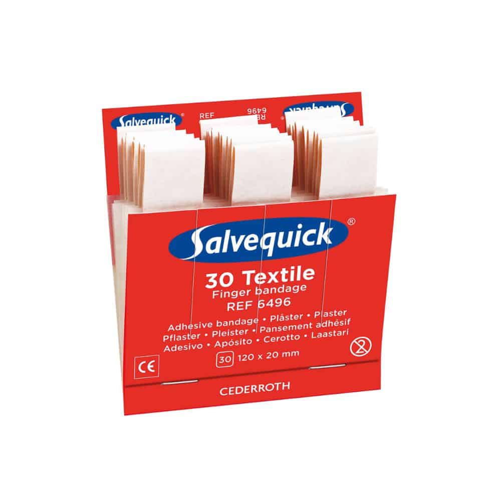 Eine rote Kartonschachtel enthält 30 Holthaus Medical Salvequick® Textilfingerverbände. Auf der Schachtel sind Produktname und -details, darunter Größe (120x20 mm) und Referenznummer (REF 6496), angegeben. Die Schachtel dient als Nachfülleinsatz für Ihren Pflasterspender und gibt durch die teilweise geöffnete Oberseite den Blick auf das elastische Pflaster im Inneren frei.