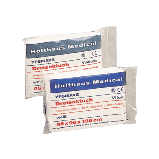 Zwei Pakete Holthaus Medical YPSISAVE Dreieckstuch von Holthaus Medical GmbH & Co. KG. Die weißen Binden, ideal als Armtragetuch oder zur allgemeinen Fixierung, sind in den Größen 96 x 96 x 136 cm erhältlich. Jedes Paket enthält mehrsprachigen Text und medizinische Symbole.