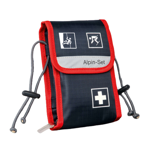 Ein kompaktes Erste-Hilfe-Set in Marineblau und Rot mit weißen Symbolen, die verschiedene Notfallszenarien darstellen. Die Holthaus Medical GmbH & Co. KG Alpin-Set Verbandtasche - 21-teilig trägt die Aufschrift „Erste-Hilfe-Set“ und ist beidseitig mit verstellbaren Zugbändern ausgestattet.