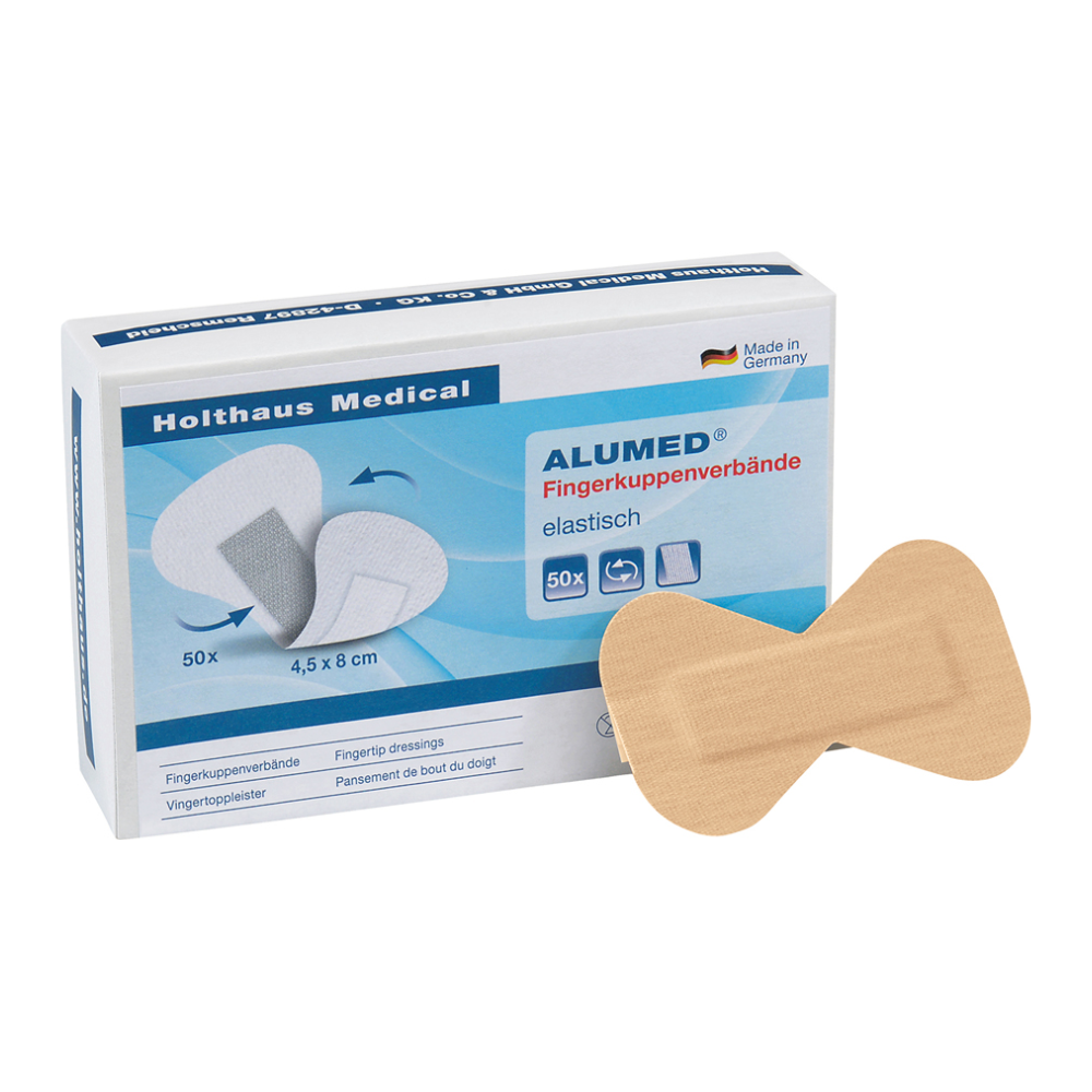 Eine Packung Holthaus Alumed® Fingerkuppenverband, elastisch mit 50 Fingerkuppenverbänden, wobei auf der Vorderseite ein einzelner Verband abgebildet ist. Die Verbände sind laut Verpackung 4,5 cm x 8 cm groß und werden in Deutschland von der Holthaus Medical GmbH & Co. KG hergestellt.