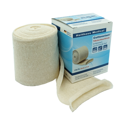 Bild eines medizinischen Produkts von Holthaus Medical GmbH & Co. KG. Das Produkt, Holthaus Cottonelast® Trikotschlauchbinde, ist eine elastische Verbandrolle mit den Maßen 8 cm x 4 m. Die Schachtel mit einer ausgerollten Verbandsrolle hebt die Textur und Farbe des elastischen Baumwollmaterials hervor. Anweisungen und Einzelheiten sind auf der Schachtel sichtbar.