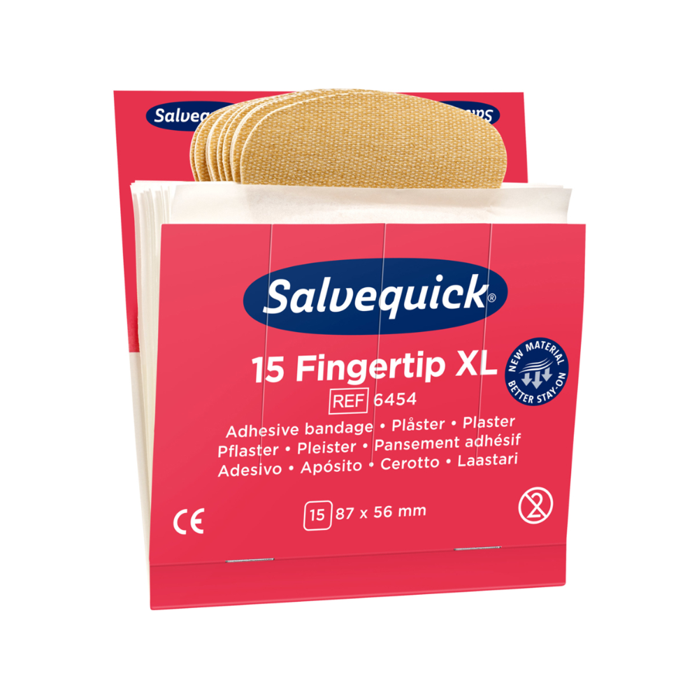 Abbildung einer geöffneten Holthaus Medical Salvequick® Nachfülleinsatz Fingertip XL Refill 6454 | Packung (15 Stück) mit 15 Fingerkuppenpflastern, jeweils 87 x 56 mm groß. Die rote Verpackung mit weißem Text bietet Produktdetails in mehreren Sprachen. Einige Pflaster sind sichtbar, teilweise herausgezogen. Kompatibel mit Salvequick Pflasterspender und hergestellt von Holthaus Medical GmbH & Co. KG.