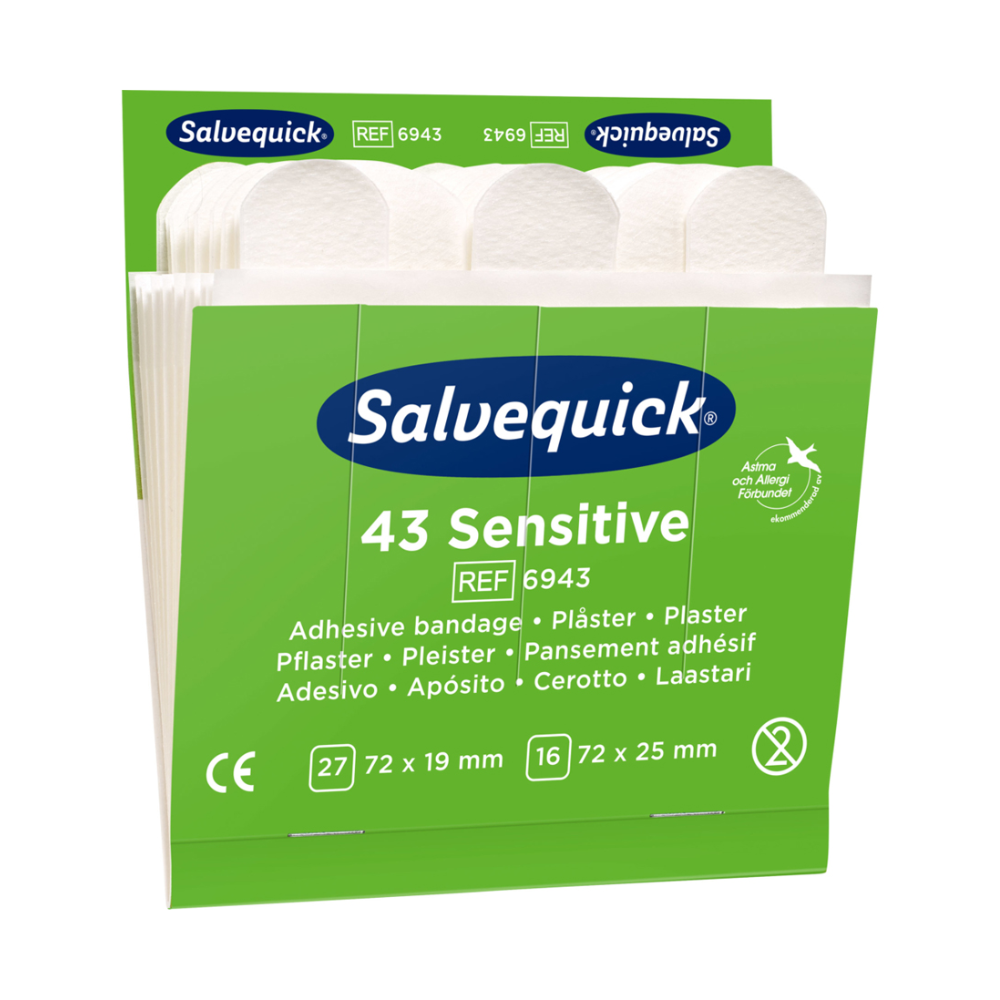 Eine grüne Packung mit Holthaus Medical Salvequick® Nachfülleinsatz Vlie-Heftpflastern. Die Schachtel enthält 43 Pflaster in den Größen 27 x 19 mm und 72 x 25 mm. Dieses Produkt mit der Referenznummer 6943 ist besonders sanft zur empfindlichen Haut von Holthaus Medical GmbH & Co. KG. Ideal als Nachfülleinsatz für Ihren Salvequick Pflasterspender. Marken und Logos sind deutlich sichtbar.