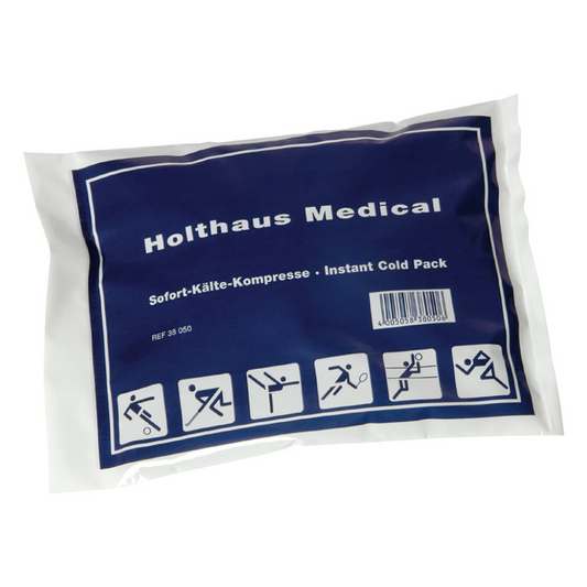 Eine rechteckige Kunststoffverpackung mit der Aufschrift „Kältekompresse zum Einmalgebrauch 15 x 14 cm – 10 Stück | Faltschachtel (1 Stück)“ der Firma Holthaus Medical GmbH & Co. KG. Auf der blau-weißen Verpackung sind Symbole abgebildet, die den Einsatz bei verschiedenen Verletzungen wie Schwellungen und Prellungen sowie bei sportlichen Aktivitäten veranschaulichen.