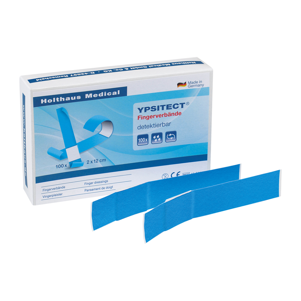 Gezeigt wird eine Schachtel Holthaus YPSITECT® Fingerverband, wasserabweisend/detektierbar von Holthaus Medical GmbH & Co. KG, in der Produktinformationen prominent platziert sind. Die Schachtel enthält 100 blaue Pflaster mit den Maßen 2 cm x 12 cm. Zwei einzelne Pflaster sind zur besseren Sichtbarkeit vorne platziert.