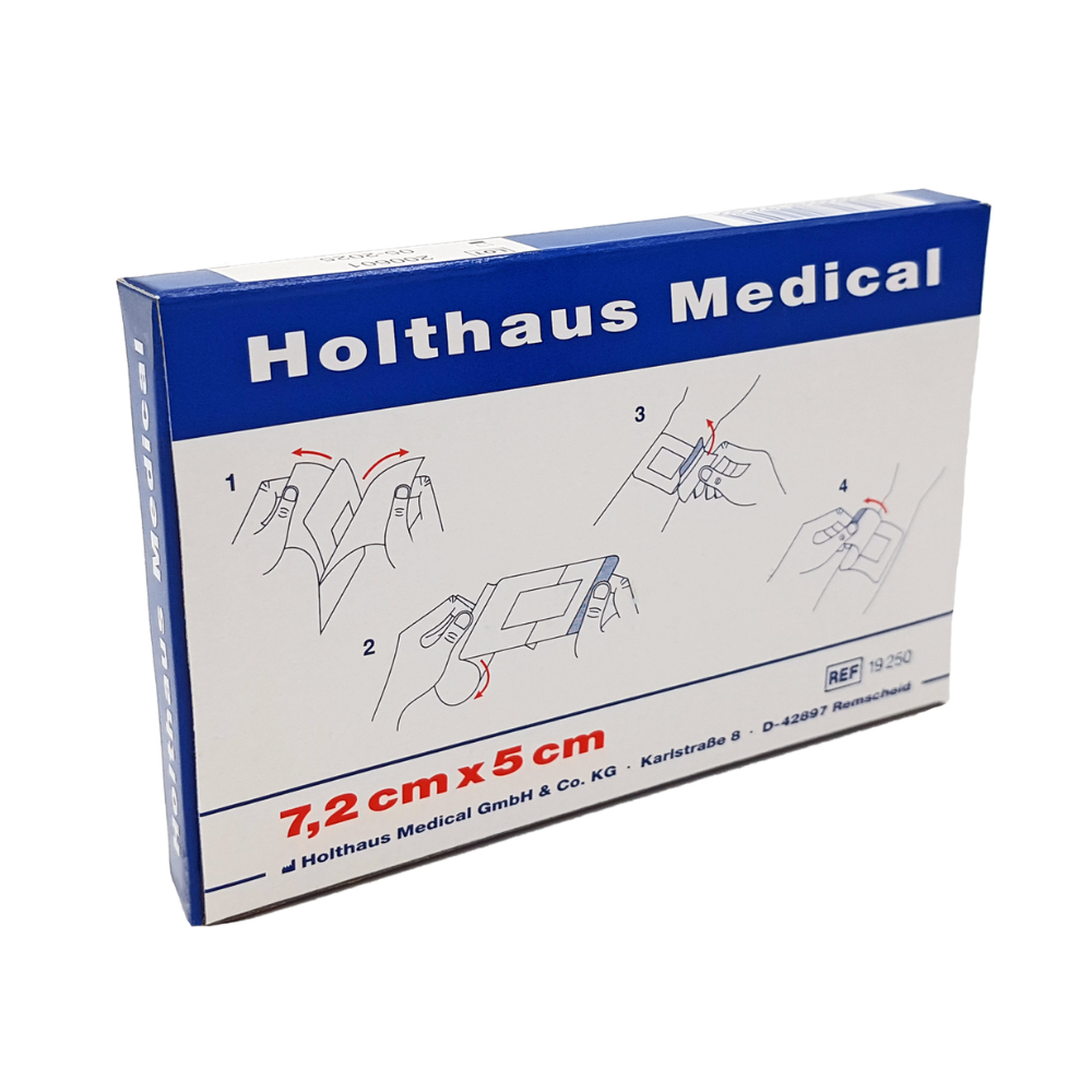 Eine blau-weiße Schachtel „Holthaus Ypsiderm® plus Wundverband 7,2 x 5 cm - 5 Pflaster“ der Holthaus Medical GmbH & Co. KG enthält fünf Pflaster. Auf der Schachtel finden sich eine bebilderte Schritt-für-Schritt-Anleitung zur Anwendung des selbstklebenden Wundverbandes sowie Angaben zum Hersteller und die Referenznummer 1250.