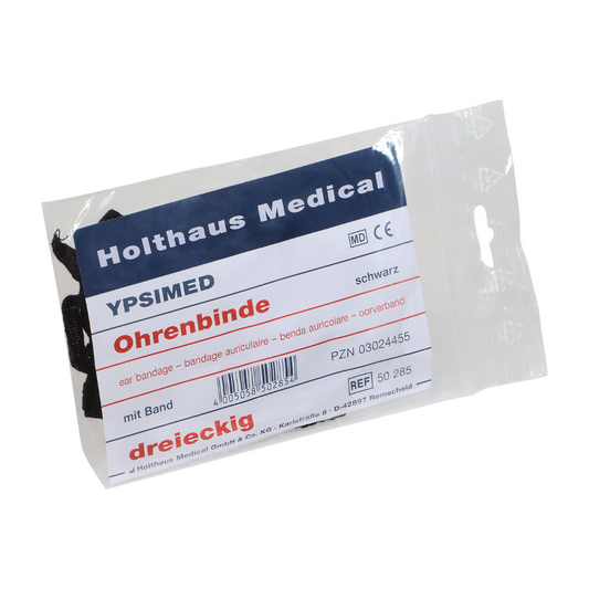 Bei der Holthaus Ypsimed Ohrenbinde der Holthaus Medical GmbH & Co. KG handelt es sich um eine verpackte Ohrbinde mit der Aufschrift „Holthaus YPSIMED Ohrenbinde“. Die Verpackung enthält eine dreieckige schwarze Ohrbinde mit einem Band zur Ohrfixierung, der PZN-Nummer 03024455 und der Referenznummer 50 285.