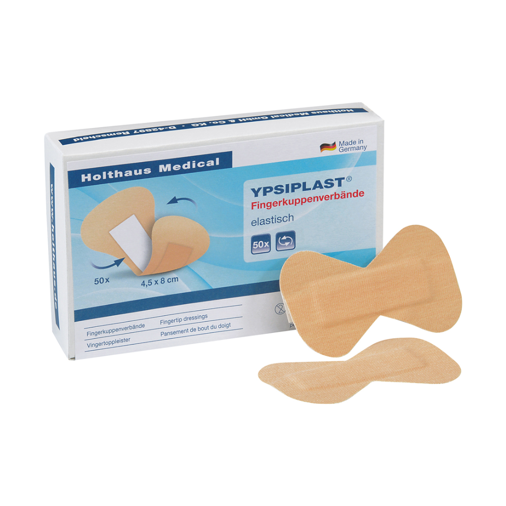 Eine Packung Holthaus Ypsiplast® Fingerkuppenverband elastischer Fingerkuppenverbände von Holthaus Medical GmbH & Co. KG mit zwei auf der Vorderseite abgebildeten Verbänden. Die Packung enthält 50 Stück, jedes misst 4,5 cm x 8 cm, und trägt die Aufschrift „Made in Germany“.