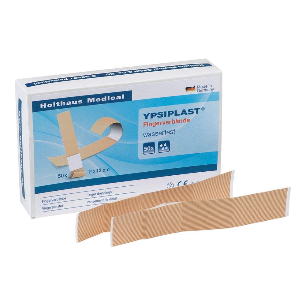 Abgebildet ist eine Schachtel Holthaus Ypsiplast® Fingerverband, wasserabweisend von Holthaus Medical GmbH & Co. KG. Die Schachtel enthält 50 Pflaster (2 x 12 cm) mit blau-weißer Beschriftung. Zwei Pflaster sind vor der Schachtel platziert. Der Text enthält Produktinformationen und gibt an, dass das Pflaster in Deutschland hergestellt wurde und sich ideal für Fingerwunden eignet.