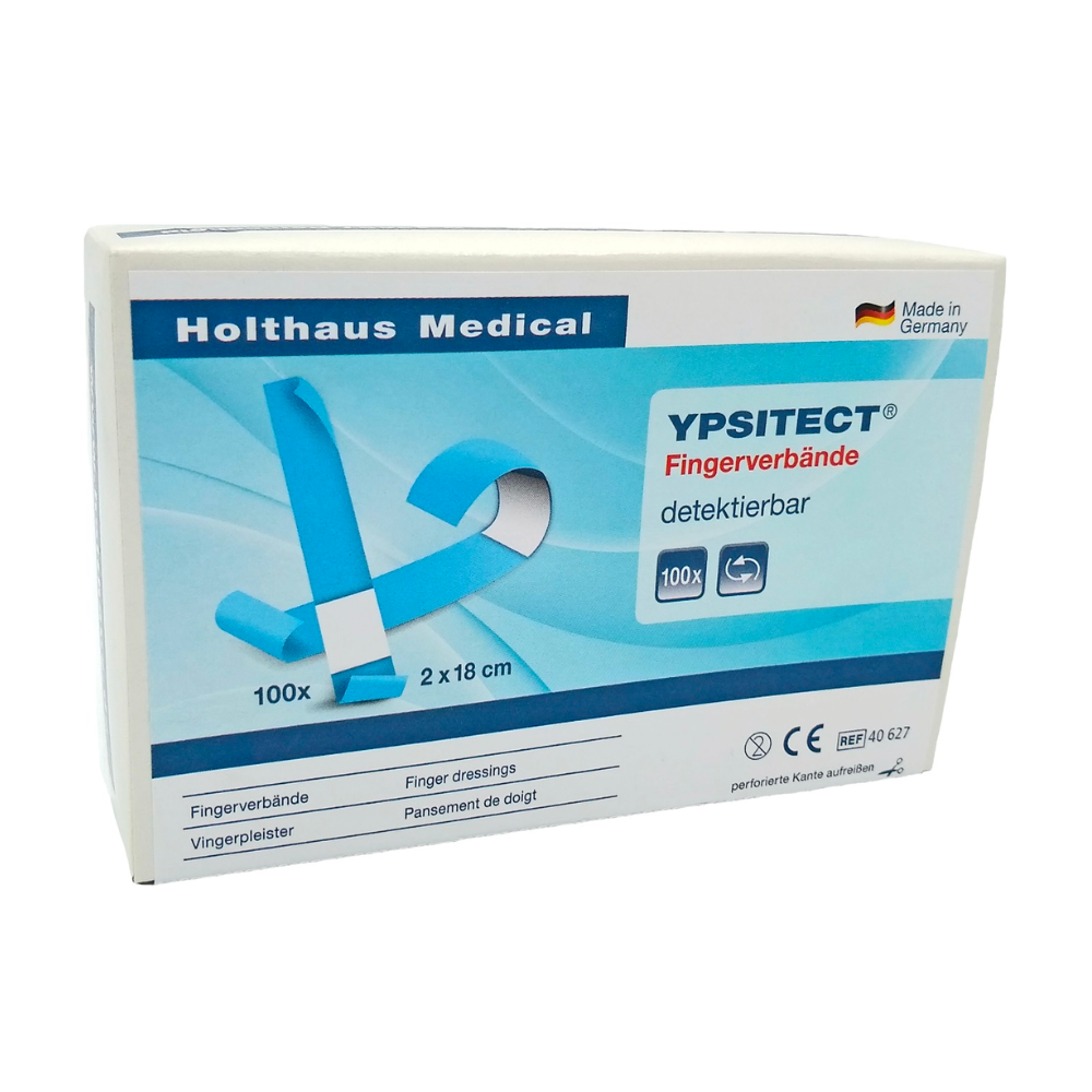 Eine Schachtel Holthaus Ypsitect® Fingerverband detektierbarer Pflaster von Holthaus Medical GmbH & Co. KG. Die hauptsächlich blau-weiße Schachtel enthält 100 elastische Fingerverbände mit den Maßen 2 x 18 cm. Die Verpackung ist ideal für die Wundversorgung und weist stolz darauf hin, dass das Produkt in Deutschland hergestellt wird.