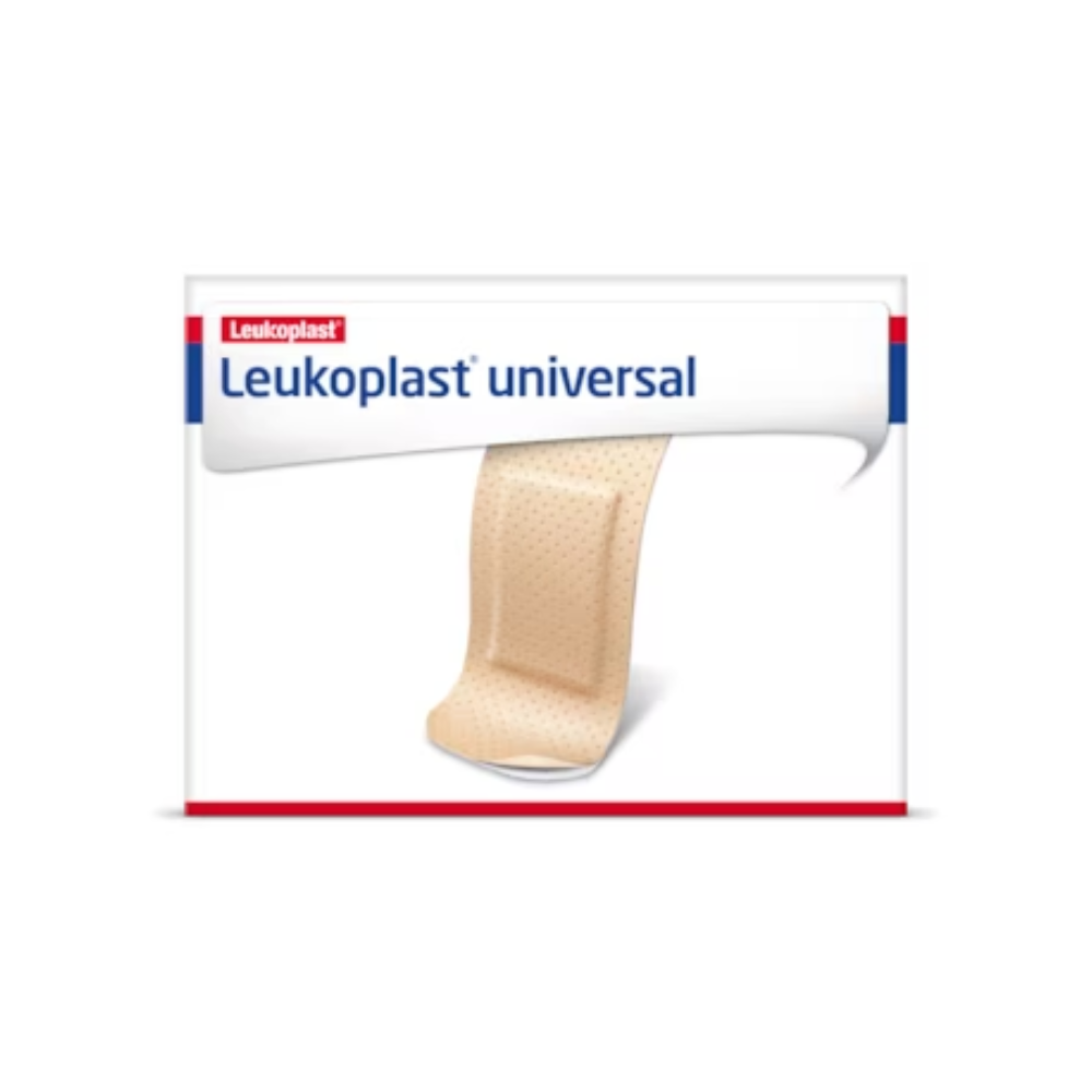 Abbildung einer Schachtel mit Leukoplast® Universalstreifen Wundpflaster. Die Schachtel enthält einen beigefarbenen Wundschnellverband mit kleinen Perforationen auf der Oberfläche. Der Markenname „Leukoplast“ und das Wort „universal“ sind auf der Vorderseite deutlich zu sehen, was die Schachtel ideal für den Einsatz in schmutzigen Umgebungen macht. Das Produkt wird von BSN medical GmbH (essity) hergestellt.