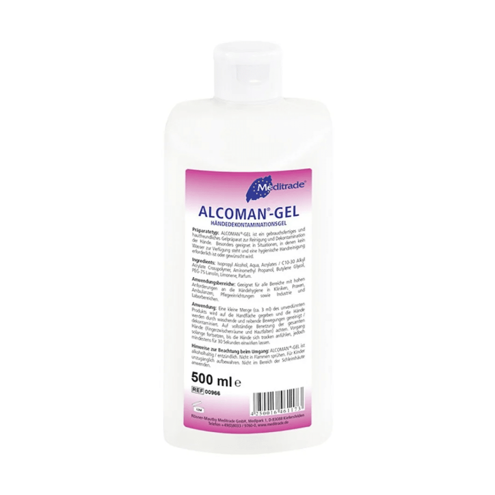 Eine 500 ml Flasche Meditrade Alcoman® Gel Händedesinfektion mit Produktinformationen und Gebrauchsanweisung in Deutsch auf einem weiß-rosa Etikett. Die Flasche hat einen Klappverschluss und erscheint