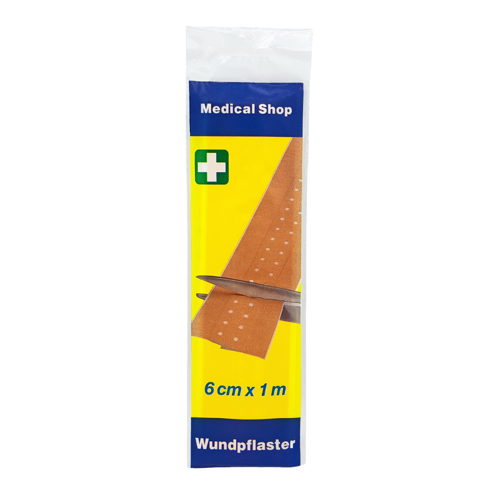 Abgebildet ist eine Packung Wundpflaster „Medical Shop“ von Holthaus Medical GmbH & Co. KG, 6 cm x 1 m, Beutel starr. Auf der Packung ist eine Schere abgebildet, die einen Streifen des Pflasters „starres“ schneidet. Das Design ist blau und gelb, mit einem grünen Kreuzsymbol und der Aufschrift „6 cm x 1 m“. Perfekt für eine effektive Wundversorgung.