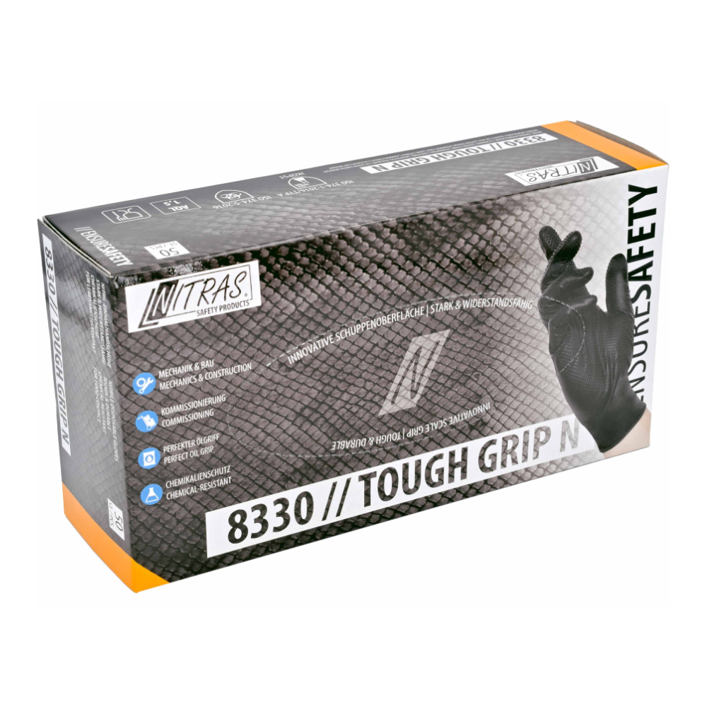 Schachtel mit Nitril-Sicherheitshandschuhen mit der Aufschrift „NITRAS TOUGH GRIP N“ von AS Arbeitsschutz GmbH. Die Verpackung enthält schwarze Nitrilhandschuhe mit einer innovativen „Schuppenoberfläche“ für einen strukturierten Griff und enthält Symbole, die die Beständigkeit gegen mechanische und chemische Risiken anzeigen.