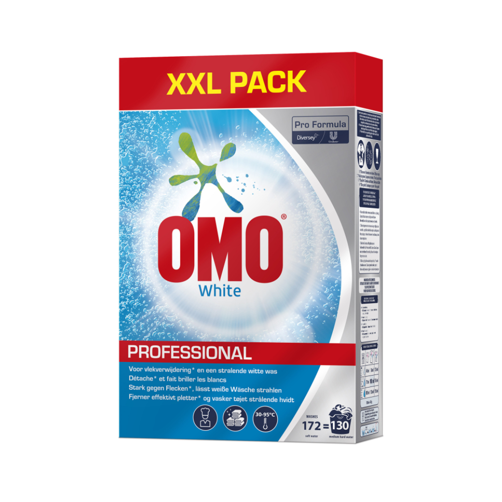 Eine Packung Diversey OMO Professional White, Vollwaschmittel 8,4 kg XXL Pack | Packung (8400 g) Waschmittel. Die Verpackung ist überwiegend weiß und rot und enthält Produktinformationen in mehreren Sprachen, darunter „weiße Wäsche“ und Symbole, die Waschanleitung und Wirksamkeit angeben.