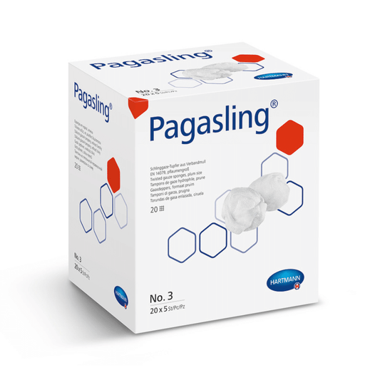 Ein 3D-Rendering einer weißen Markenbox der Paul Hartmann AG mit Produktinformationen und Bildern von Hartmann Pagasling® Schlinggazetupfer, Gr. 3 – sterile und unsterile medizinische Gaze, mit blauen sechseckigen Designs und Text.