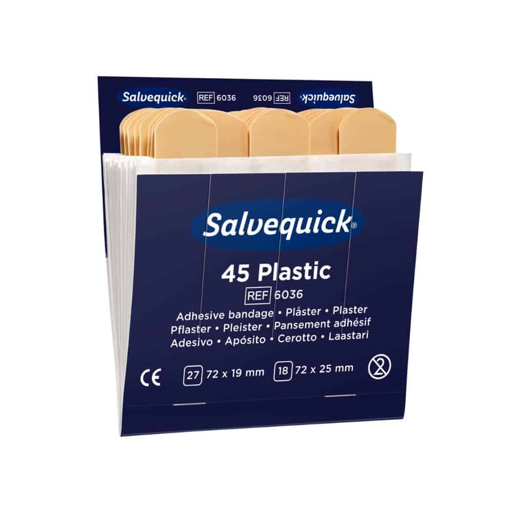 Eine Schachtel Pflaster Holthaus Medical Salvequick® Nachfülleinsatz Plastic von Holthaus Medical GmbH & Co. KG trägt den Aufdruck „45 Plastic“ und enthält 45 Kunststoffpflaster in zwei Größen: 27 Stück à 72 x 19 mm und 18 Stück à 72 x 25 mm. Die blau-weiße Schachtel enthält mehrsprachigen Text und eignet sich daher perfekt als Salvequick Nachfülleinsatz.