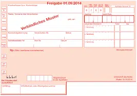 Ein deutsches Rezeptformular mit verschiedenen Abschnitten für Patienteninformationen, Diagnosen, verschriebene Medikamente und Angaben zum Arzt. Das Formular trägt die Aufschrift „Verbindliches Muster“ und das Datum „Freigabe 01.09.2014“.