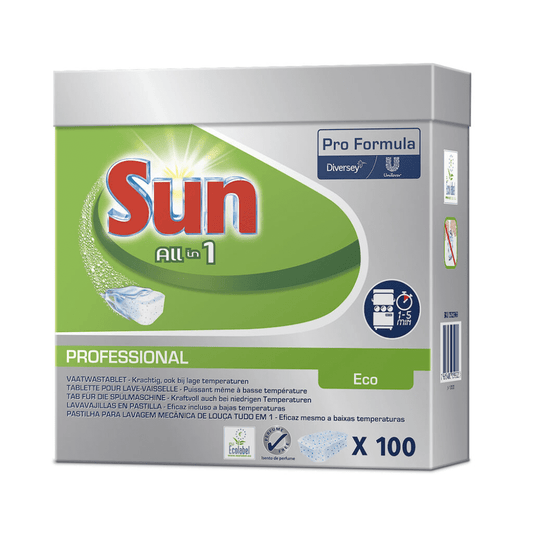 Bild einer SUN Professional All in One ECO Tabs Geschirrreinigertabs | Packung (100 Stück) von Diversey. Die grau-grüne Verpackung trägt die Aufschrift „Sun All in 1 Professional“ mit „Eco“ und „Pro Formula“. Enthält 100 Geschirrreinigertabs, die auch bei niedrigen Temperaturen wirksam sind. Symbole für Umweltzertifizierungen mit EU-Ecolabel sind vorhanden.