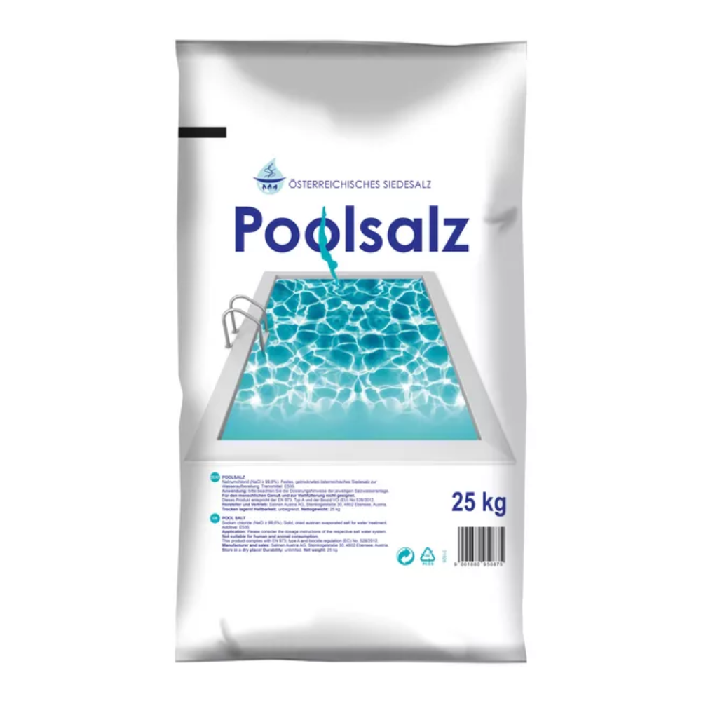 Ein 25 kg Sack „Salinen Poolsalz reines Siedesalz ohne Trennmittel“ zur Poolpflege, mit transparentem Fenster zur Darstellung des blauen Poolwassers und klaren Beschreibungen auf weißer Verpackung.