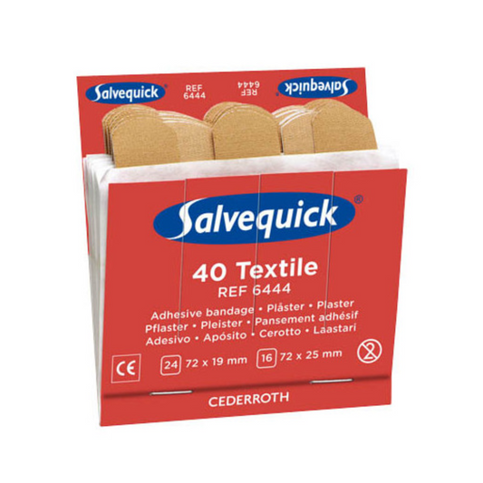 Eine rot-weiße Schachtel mit Holthaus Medical Salvequick® Pflaster Nachfüllset mit der Aufschrift „40 Stück“ auf der Vorderseite. Die Schachtel trägt die Referenznummer 6444 und enthält Angaben zu den Größen: 24 Stück à 72 x 19 mm und 16 Stück à 72 x 25 mm, perfekt für eine umfassende Wundversorgung. Dieses Produkt wird von Holthaus Medical GmbH & Co. KG hergestellt.