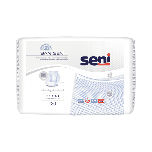 Verpackung von Erwachsenenwindeln der Marke TZMO Deutschland GmbH mit dem Label „San Seni Prima Inkontinenzvorlage | Packung (30 Stück)“ und „Premiumqualität“. Die Packung enthält 30 anatomisch geformte Windeln aus atmungsaktivem Material. Das Logo hebt Eigenschaften wie EDS, Auslaufschutz und Geruchskontrolle hervor und sorgt so für Tragekomfort bei Blasenschwäche.