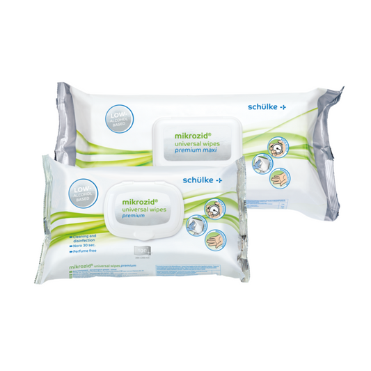 Ausgestellt sind zwei Packungen Schülke Mikrozid® universal wipes Desinfektionstücher premium der Schülke & Mayr GmbH. Eine trägt die Aufschrift „premium maxi“, die andere nur „premium“. Beide sind überwiegend weiß-grün gestaltet, mit Hinweisen und Symbolen zur Verwendung auf der Verpackung für die Schnelldesinfektion mit alkoholischen Desinfektionstüchern.