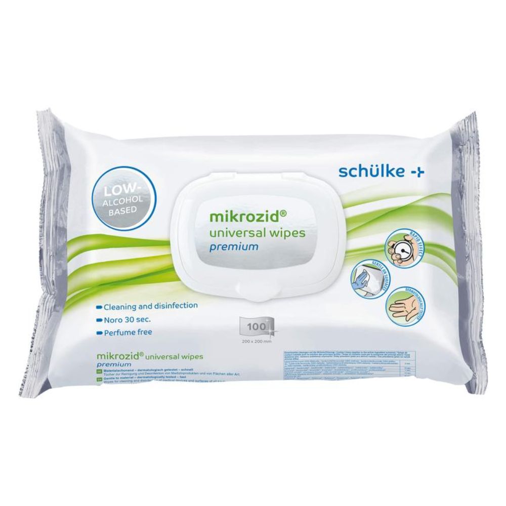 Abgebildet ist eine Packung Schülke Mikrozid® universal wipes Desinfektionstücher premium von Schülke & Mayr GmbH. Die weiße Verpackung mit grünen und blauen Akzenten weist Angaben wie „alkoholarm“, „Reinigung und Desinfektion“, „Noro 30 Sek.“, „parfümfrei“ und „100 Tücher“ auf. Ideal für die Schnelldesinfektion.