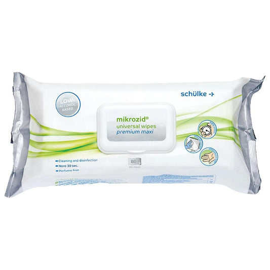 Abgebildet ist eine Packung Schülke Mikrozid® universal wipes Desinfektionstücher premium. Die überwiegend weiß-graue Verpackung mit grünen Akzenten weist darauf hin, dass diese Desinfektionstücher alkoholarm sind, reinigen und desinfizieren und parfümfrei sind. Die Packung enthält 80 Tücher für eine effektive Schnelldesinfektion.