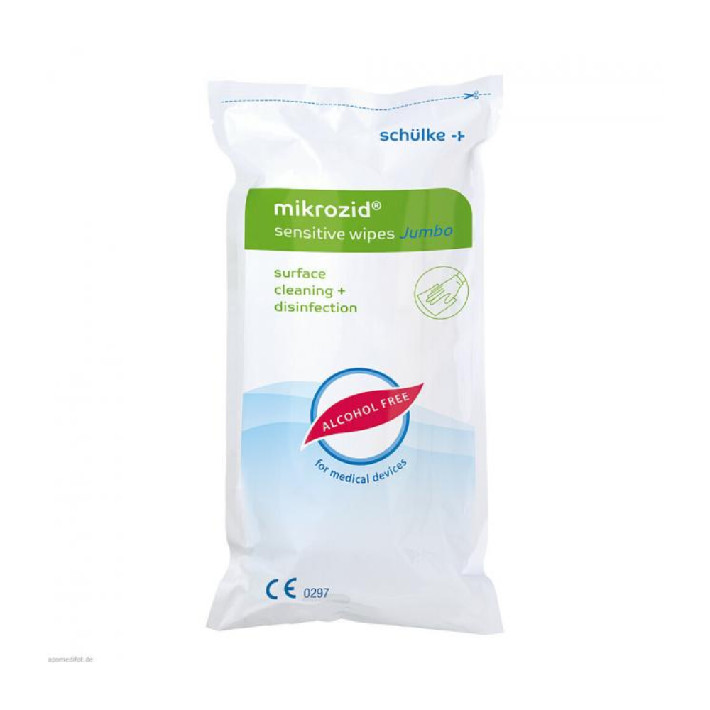 Eine Packung „Schülke Mikrozid® sensitive wipes jumbo“ zur Oberflächenreinigung und Desinfektion, gekennzeichnet als alkoholfrei und für Medizinprodukte geeignet. Die Verpackung ist weiß mit grünen und blauen Akzenten. Marke: Schülke & Mayr GmbH